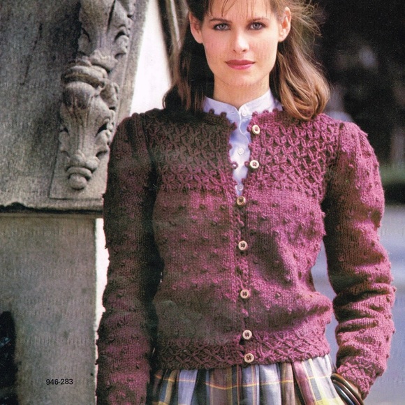 Vintage Hand Knit Wool Puff Sleeve Cardigan Sweater in Purple Blue Melange Small - Picture 2 of 9